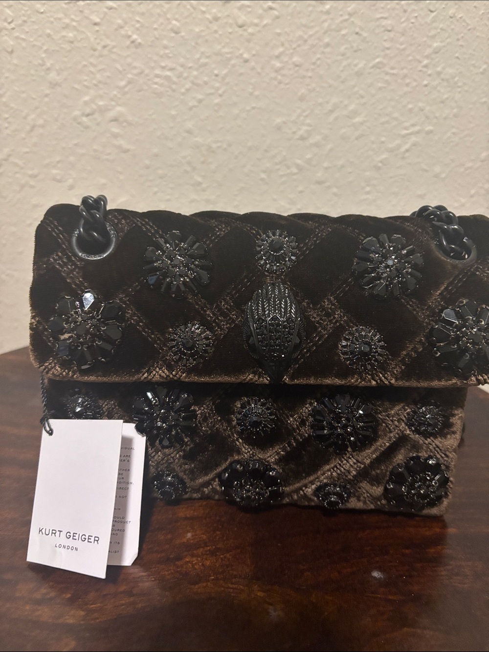 Kurt Geiger Brown Embellished Velvet Shoulder Bag